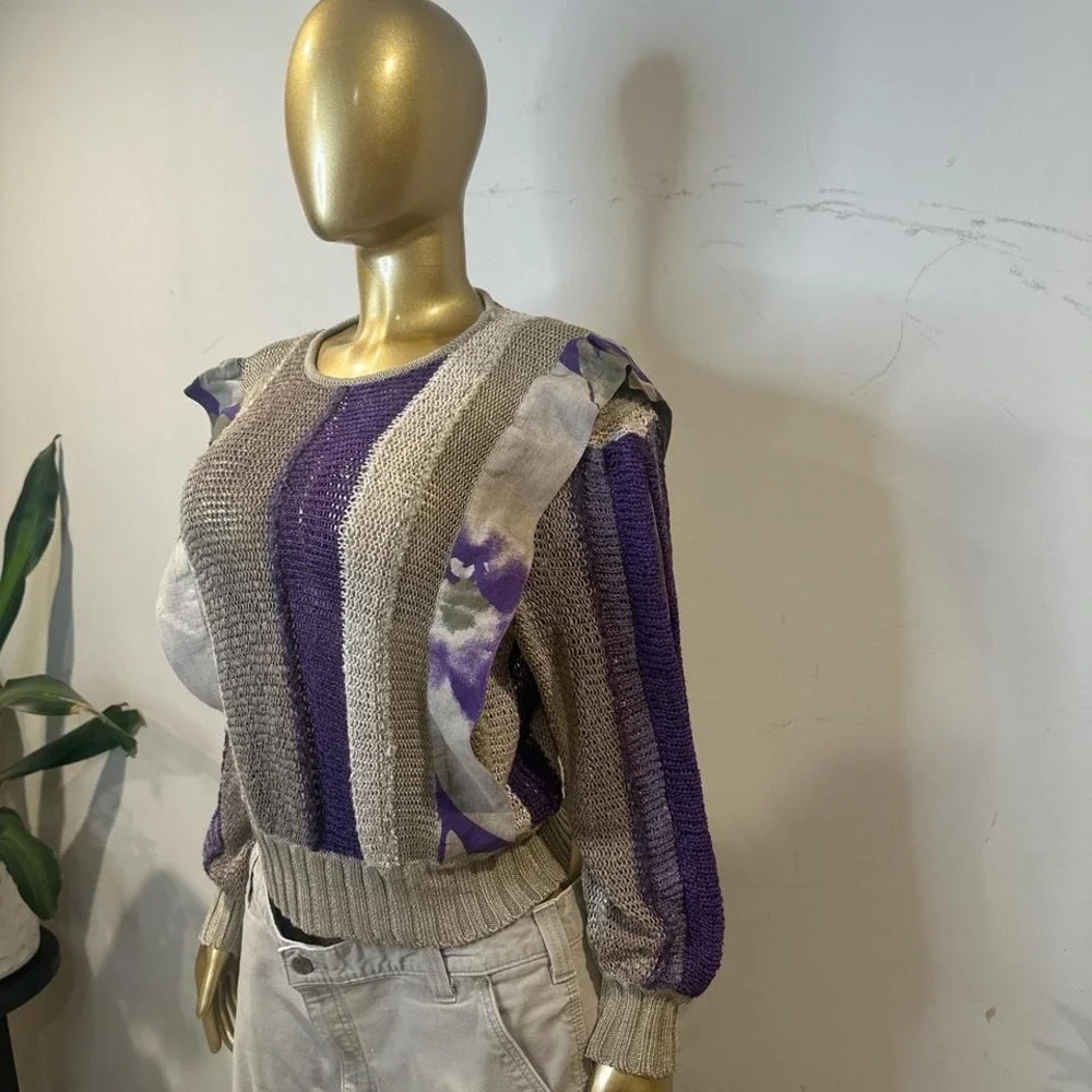 80s‎ Vintage Dino Valiano Linen Sweater Purple Green boho vibe 6 small/medium